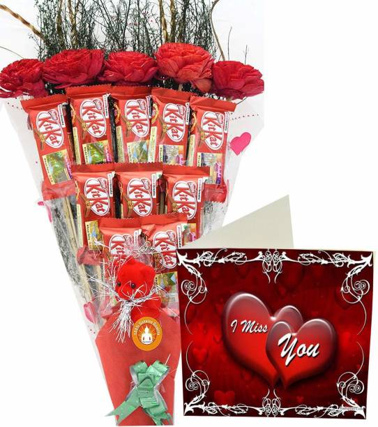 Holy Krishna Miss You Gift Bouquet of Nestle Kitkat Chocolate Pack of 10 with Soft Toy & Miss You Message Card (All Items As Shown in Image) Bamboo Gift Box