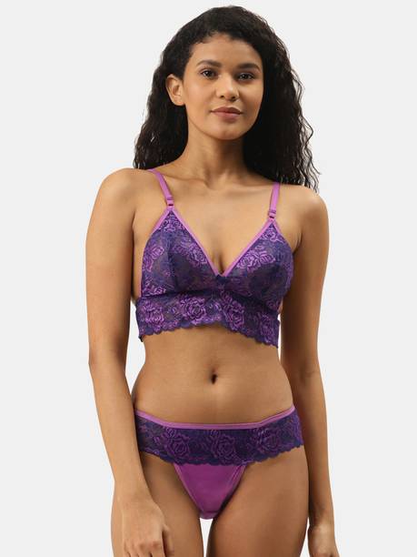 Bra & Panty Set Floral Print Purple Lingerie Set