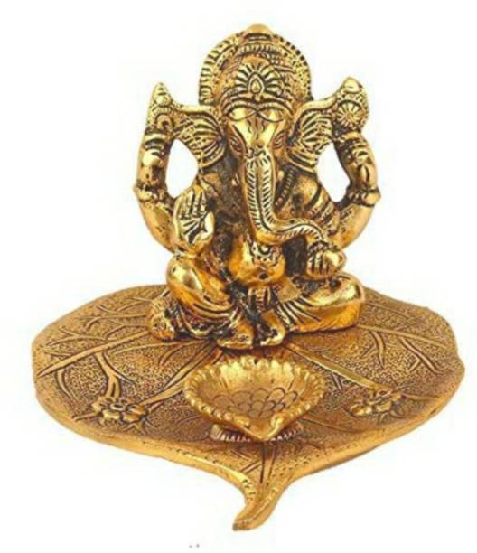SP Handicrafts Metal Ganesh ji on Leaf with Diya Idol Decorative Showpiece  -  10 cm