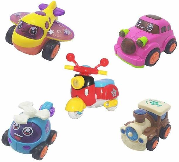 SR Toys nbreakable Pull Back Vehicles| Push and Go Crawling Toy for Kids & Children, Automobile Power Friction Scooter Helicopter Plane Cars Toy Train for 3+ Years Old Boys|Girls - Set of 5 (Multicolor, Pack of: 1)