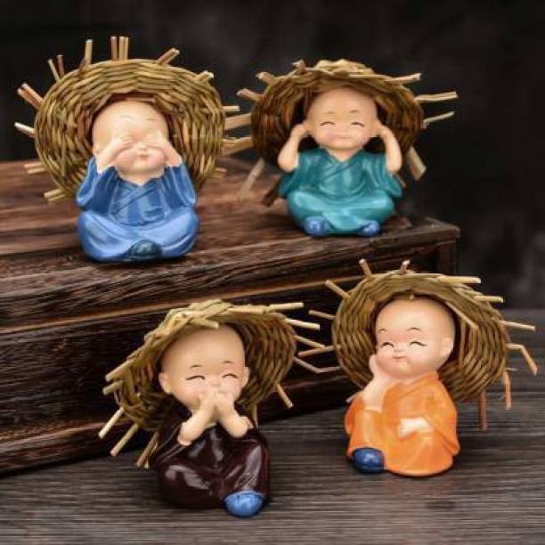 Fashion Bizz Set of 4 Baby Monk Hat Buddha Figurines - for Car Dashboard | Home Decor| Office Decor| Gifting for Pregnant Women| Diwali Decor| Vaastu Decor| Fengshui Decorative Showpiece  -  6 cm