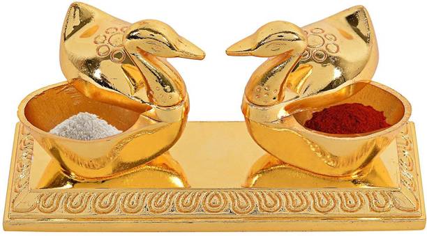 Craftam Beautiful Roli-Chandan, Chawal-Akshat- haldi - Kumkum Box with Loving Bird Duck Pair chopda for Gift and Pooja Purpose Decorative Showpiece  -  6 cm