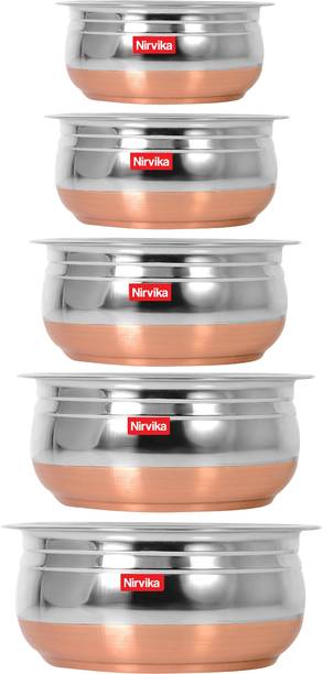 Nirvika Stainless Steel Handi set Copper bottom Handi/URLI Cookware Set of 5 PC PIECE PCS Handi 1.6 L, 1.2 L, 0.85 L, 0.65 L, 0.4 L (Stainless Steel, Copper, Non-stick) Cookware/ Container/pot pan/patila/bhagona/Serving bowl/biryani cook & serve Set Induction Bottom Non-Stick Coated Cookware Set