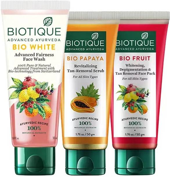 BIOTIQUE BIO WHITE ADVANCE FAIRNESS FACE WASH,100ml & BIO PAPAYA TAN REMOVEL SCRUB,100ml & BIO FRUIT WHITENING FACE PACK,100ml