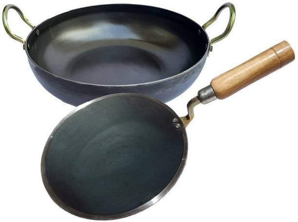 LooksGood INDIAN Iron cookware combo Woodan tawa25cm Dia + Kadahi 27 cm Cookware Set