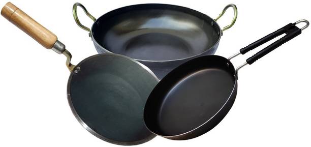LooksGood INDIAN Iron cookware combo Tawa 25cm Dia + Fry Pan 23 cm+Kadahi 24 cm Cookware Set