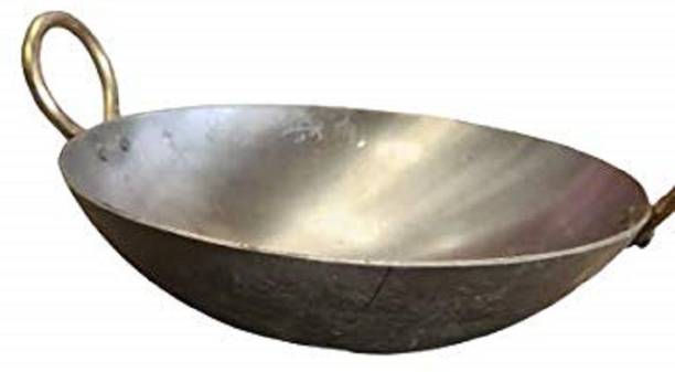 Janta Iron Agro Industries Pure Iron Silver/White Kadai with Golden Handle Loha Lokhand Kadhai (Medium) Kadhai 22.86 cm diameter 1.2 L capacity