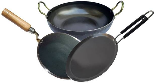 LooksGood cookware combo Tawa 25cm Dia + Fry Pan 23 cm+Kadahi 27 cm Cookware Set