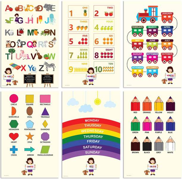Kids Educational Posters for learning Alphabets, Numbers, Shapes, Color, Week days, Month names for Preschool Activities (Pack of 06) Paper Print