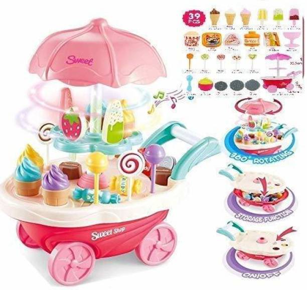 FYG ENTERPRISE luxury sweet shopping battery operated ice cream trolley pretend roll plastic play set with 360° rotation, led lights and music learning and educational toy for kids ( 30 pieces)-Multi color