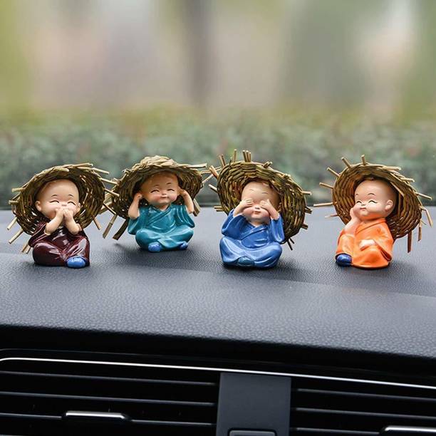 Handcrafted Set of 4 Cute Mini Buddha Monk With Straw Hat Statue for Car Dashboard Table Top Decorative Showpiece  -  6.5 cm