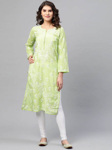 Ada Women's Hand Embroidered Cotton Chikankari Top / Tunic – Blue, Lucknowi Craft, Size M