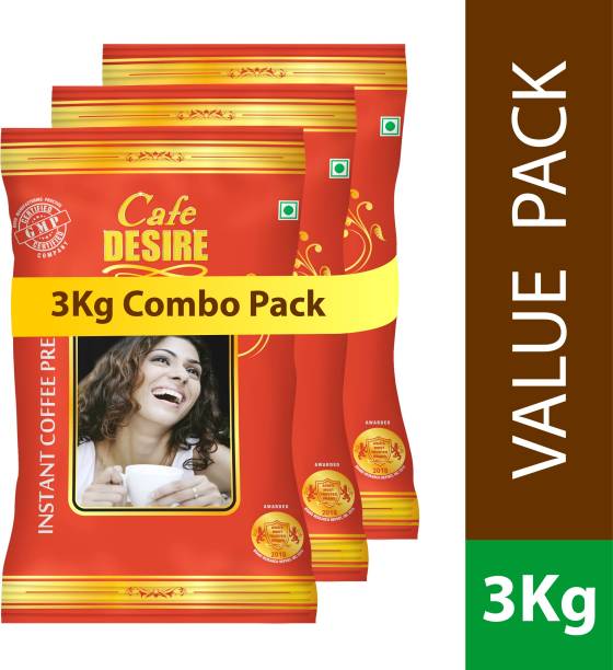 CAFE DESIRE Instant Coffee Premix | 3Kg Value Pack | 3 x 1Kg | Makes 270 cups | Milk not required | 3 in 1 Instant Coffee Premix | Rich Taste as home made| For manual use - Just add hot water | Suitable for all Vending Machines Instant Coffee