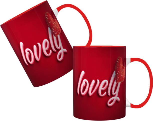 Pugnaa valentines day gifts for girlfriend 330 ml Ceramic Coffee mug - Red Handle Set of 2 - 97890_X2_RH Ceramic Coffee Mug