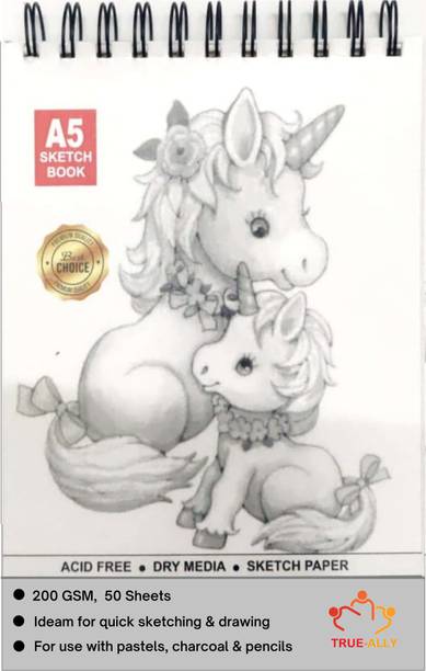 True-Ally A5 200GSM Sketch book 5.8 x 8.3 Inch | Top Spiral-Bound Sketchpad for Artists | Sketching and Drawing Acid Free Paper, for Doodling Sketch Pad