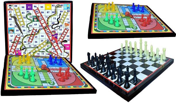 GOLDILUXE Wooden Ludo board Snakes & Ladders board & Chess board Combo With 2 Set of Ludo coins 1 Chessmen coins Set Party & Fun Games Board Game