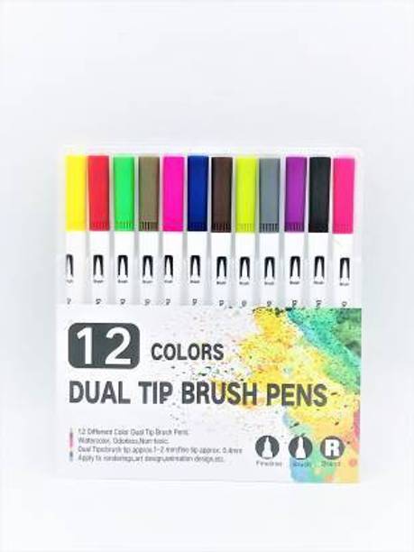 izone 12 dual tip Coloring Art Markers Set, 12 Colors Dual Tips Fine Point Water Based Marker Fineliner Pens, 0.4mm fine tip and 1-6mm Brush tip