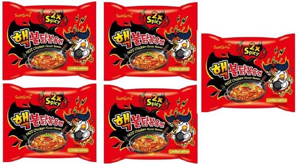 Samyang 2X Spicy Hot Chicken Flavour Instant Korean Noodles - 140gm*5Pack (5Pack Combo) Hakka Noodles Non-vegetarian