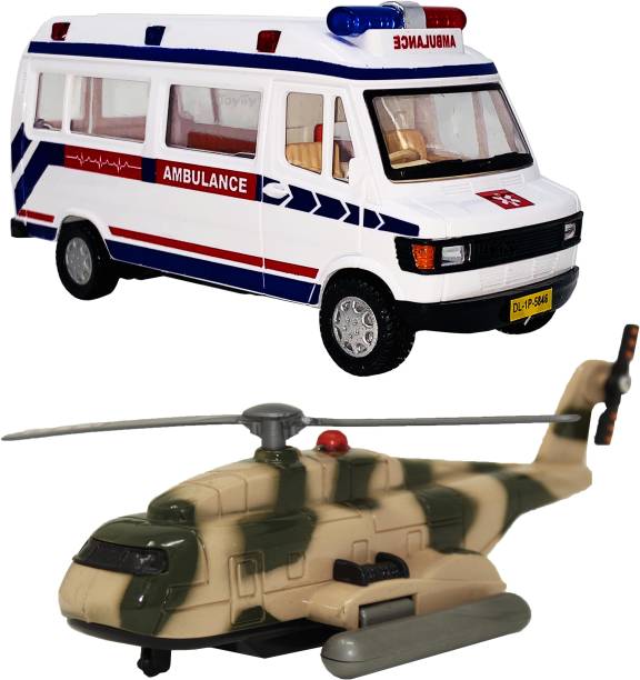 Gift Box Set Of 2 Small Size Made Of Plastic Indian Replica Ambulance Toy + Rescue Helicopter Toy For Kids| Children Playing Toys| Very Small Size|(2 COMBO OFFER)