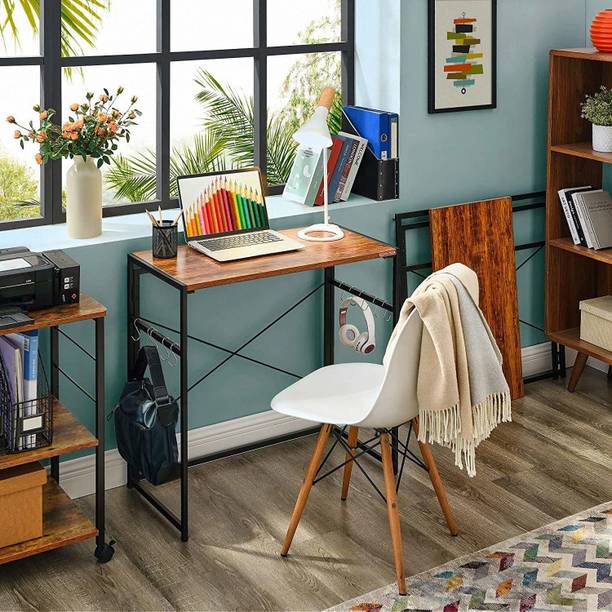 PRITI Folding Computer Desk, Small Writing Desk Easy Assembly with 10 Hooks, Foldable Metal Frame, Writing Workstation Laptop Table for Home Office (Vintage) Engineered Wood Study Table