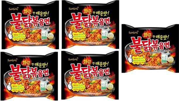 Samyang Stir Fried Hot Chicken Flavour Ramen Instant Korean Noodles - 140gm*5Pack (Pack of 5) (Imported) Hakka Noodles Non-vegetarian
