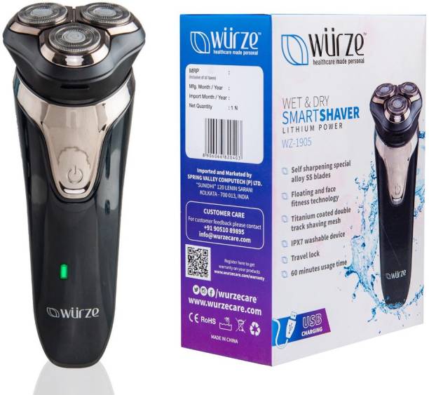 wurze New WZ-1905 Wet & Dry Washable Electric Shaver & Trimmer for Men | Unique Triple Floating Titanium & Self Sharpening Blade | Travel Lock | Waterproof | Rechargeable Lithium Battery with 60 Minute Usage Time |  Shaver For Men