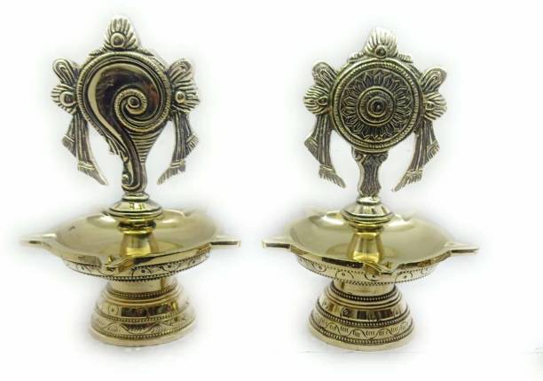 RAMA METAL VISHNU SANKH CHAKRA NAMAM BRASS DEEPAK SET Brass (Pack of 2) Table Diya Set