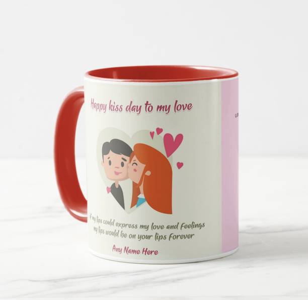 V Kraft ''happy kiss day my love 03 red 3 tone" love quote printed stylish and trendy white Ceramic love with Handle-Perfect Gift to Anyone On Any Occasion valentine special for loved once | Coffee & Tea Cup | Pack of 1 Ceramic Coffee Mug
