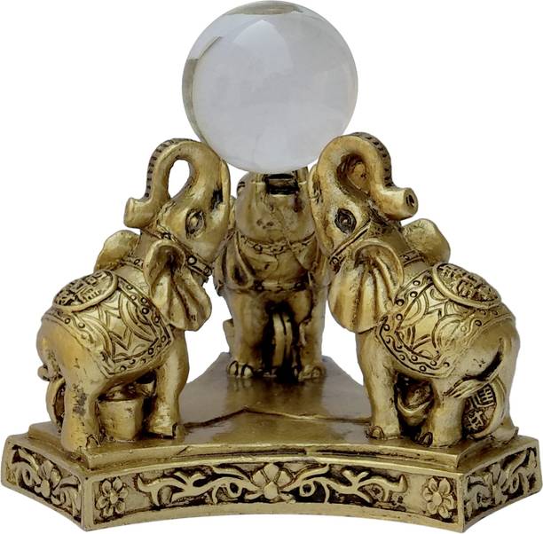 9tees Mart / Vastu / Feng Shui / Triple Elephent With Crystal Ball For Wish , Wealth, Happyness & Prosperity Decorative Showpiece  -  9 cm