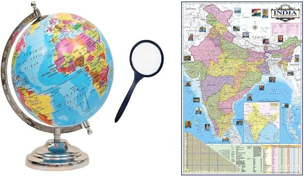 GeoKraft COMBO (3 IN 1) 8 INCH Laminated Globe Chrome Arc Base with MAGNIFYING GLASS and INDIA POLITICAL WALL CHART Desk and Table top Political World Globe