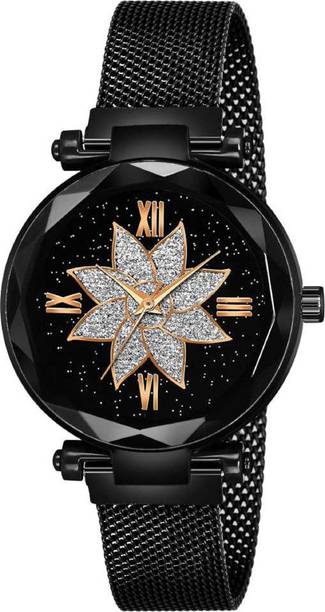Analog Watch  - For Girls Star Flower Dial Black Designer luxury fashion analog watch with magnetic strap for girl or woman
