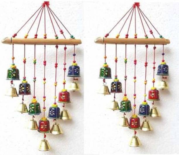 Crafticia Bells On Wooden Stick 7 Bell Showpiece Decorative Door Wall Window Hanging Bell Toran (8 X 2 X 20 inch, Set of 2) Plastic Windchime
