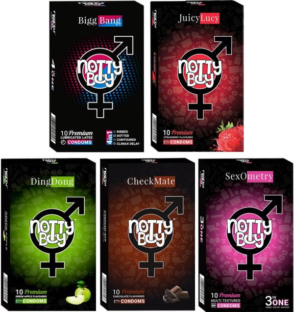NottyBoy Condom Men Honeymoon Pack - Ribbed, Dotted, Extended Pleasure, Pleasure Fit and Flavoured Condom