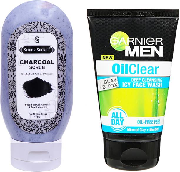 Sheer Secret Charcoal Scrub 100g and Garnier Men Oil Clear Face wash 100ml