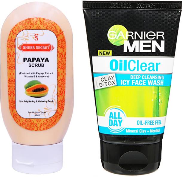 Sheer Secret Papaya Scrub 100g and Garnier Men Oil Clear Face wash 100ml