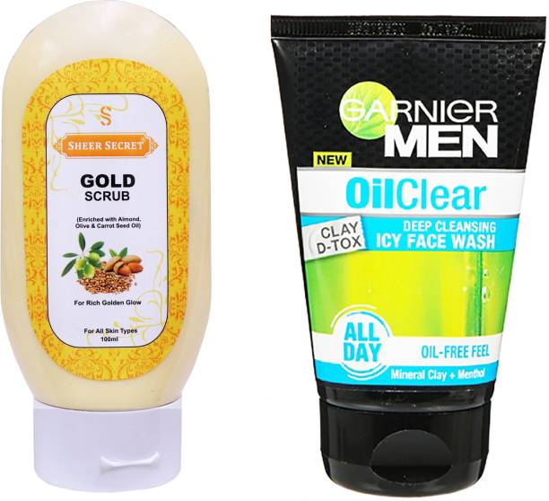Sheer Secret Gold Scrub 100g and Garnier Men Oil Clear Face wash 100ml