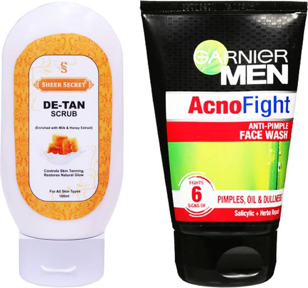 Sheer Secret De-Tan Scrub 100g and Garnier Men Acno Fight Face wash 100ml