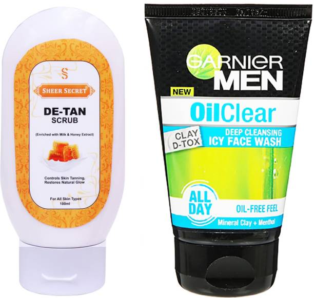 Sheer Secret De-Tan Scrub 100g and Garnier Men Oil Clear Face wash 100ml