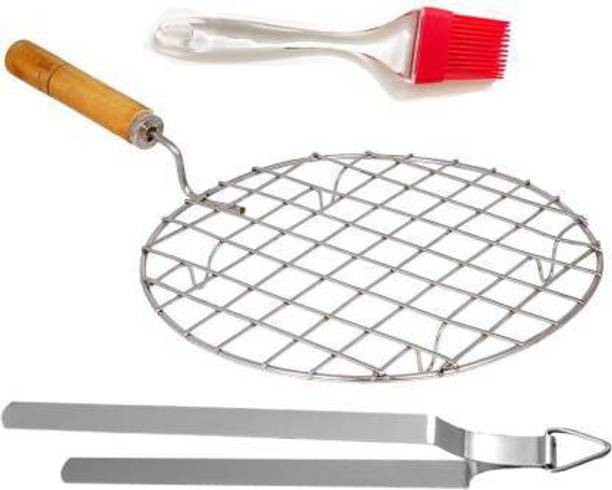 SUPREETI 3 pcs Stainless Steel Round Papad Jali Roti Roast Grill with Handle Roaster Circle Chapati Toast Wooden Barbeque Silver paneer tandoor, TONG, CHIMTA , Roti Maker,and butter Brush,OIL Spread Brus 1 kg Roaster