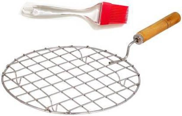 Country hub Stainless Steel Roaster Tandoor Paneer Roti Roaster Net Jali Papad Jali Barbecue Grill with Wooden Handle, and butter Brush Round (set of 2 )Roaster Circle Chapati Toast Wooden Barbeque Silver paneer tandoor,papad-chapati-roti-grill-jali-with-wooden-handle ,Roti Jari Roti Roast Grill Papad Roaster Grill Chapati Toast Grill Wooden Handle Material Stainless Steel Wire Roaster - its uses to Roast Roti Papad, Tomato ,Chapati, Toast, Baigan Bharta, and more vegetables, Multipurpose Roasting tool Strong Sturdy handle for better grip Great for making Roti, chapatti, papad,pizza(Round 10 inch)(Set of 2) 0.5 kg Roaster