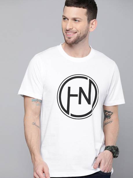 HERE&NOW Men Printed Round Neck Pure Cotton White T-Shirt