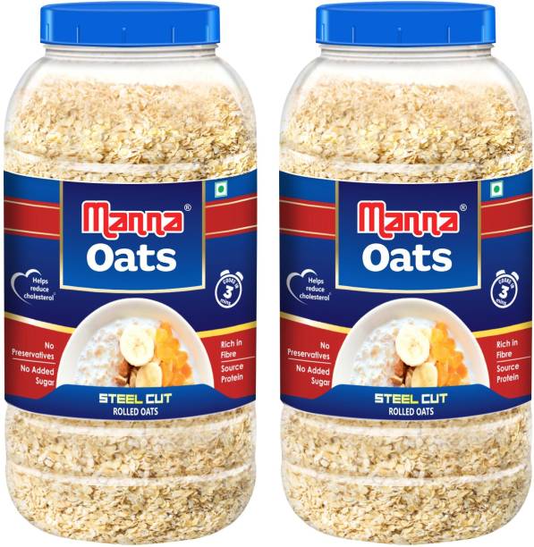 Manna Oats - 2kg (1kg x 2 Jars) | Gluten Free Steel Cut Rolled Oats | High in Fibre & Protein | 100% Natural | Helps Maintain Cholesterol. Good for Diabetics Plastic Bottle