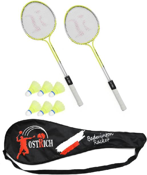 Ostrich Double Shaft Florescent Badminton Racket Pack Of 2 Piece With 6 Piece Plastic Shuttles And 1 Piece Attractive Cover Badminton Kit