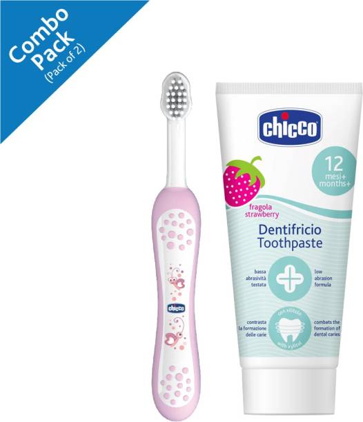 Chicco Toothpaste, Strawberry Flavour for 12m+ Baby, Fluoride-free, Preservative-free (50 ml) and Toothbrush (Pink)