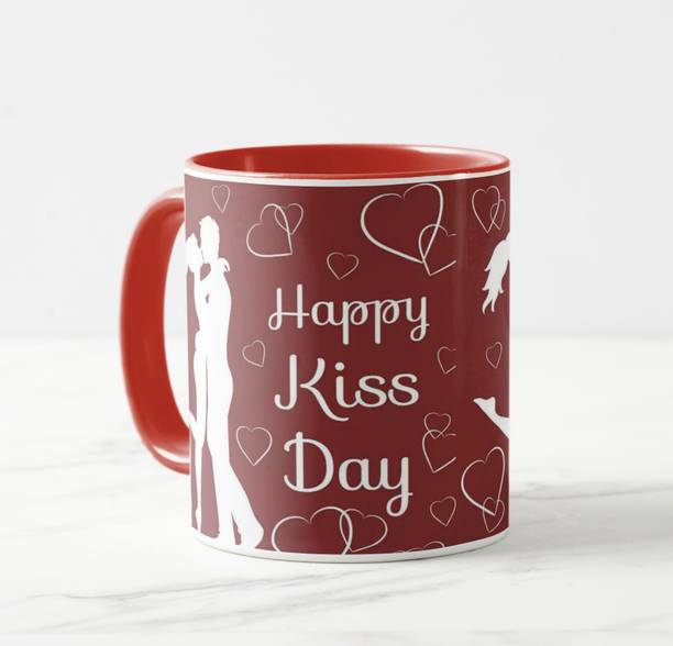 V Kraft "happy kiss day to my heartbeat red 3 tone" love quote printed Ceramic love with Handle-Perfect Gift to Anyone On Any Occasion | Coffee & Tea Cup | Pack of 1 Ceramic Coffee Mug