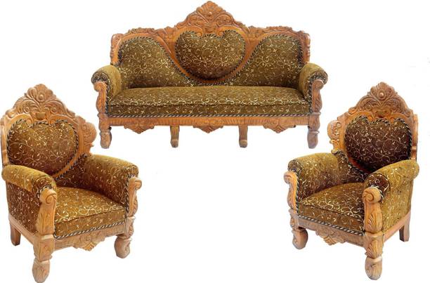 W.S.HANDICRAFTS Wooden (Teak) Sofa Set with Cushion for Living Room(3+1+1) Natural Brown Finish Fabric 3 + 1 + 1 Natural Finish Sofa Set Fabric 3 + 1 + 1 Sofa Set