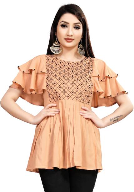 DEVKINANDAN DESIGNER Party Embroidered Women Beige Top
