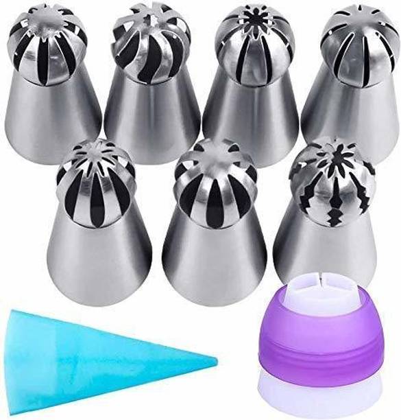 ALAMDAAR 6Pcs Sphere Ball Stainless Steel Flowers Russian Nozzles Tips with Icing Piping Bag | Pastry Cake Fondant Cupcake Buttercream DIY Baking Decorating Tool Set | Reusable & Washable | Silver – Set Of 8 Steel Multi-opening Icing Nozzle