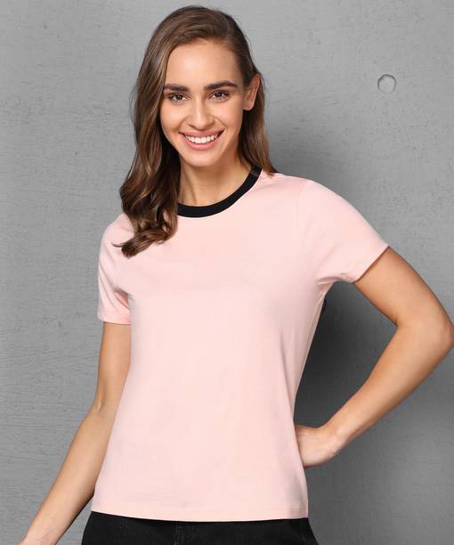 METRONAUT By Flipkart Solid Women Round Neck Cotton Blend Pink T-Shirt