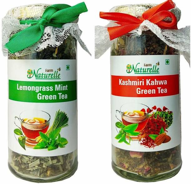 Farm Naturelle ( Kashmiri Kahwa and Lemongrass Mint Green Tea ) Blended with Saffron, Mint, Almonds, Spices -100 % Natural Ingredients-(50 grms x 2 Bottel) Green Tea Glass Bottle